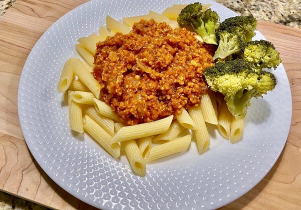 Vegan Meat Sauce With Lentils And Quinoa Served With Pasta